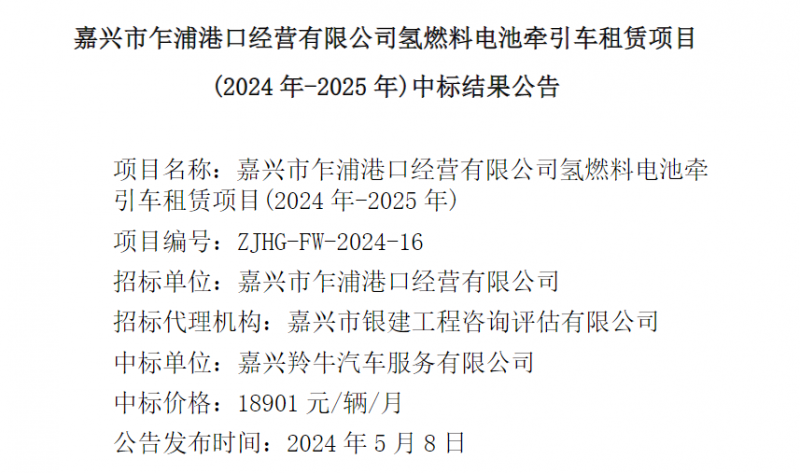 嘉興氫燃料電池牽引車租賃項(xiàng)目中標(biāo)結(jié)果公示,每月租賃費(fèi)用18901元(圖1) 嘉興氫燃料電池牽引車租賃項(xiàng)目中標(biāo)結(jié)果公示,每月租賃費(fèi)用18901元(圖1)
