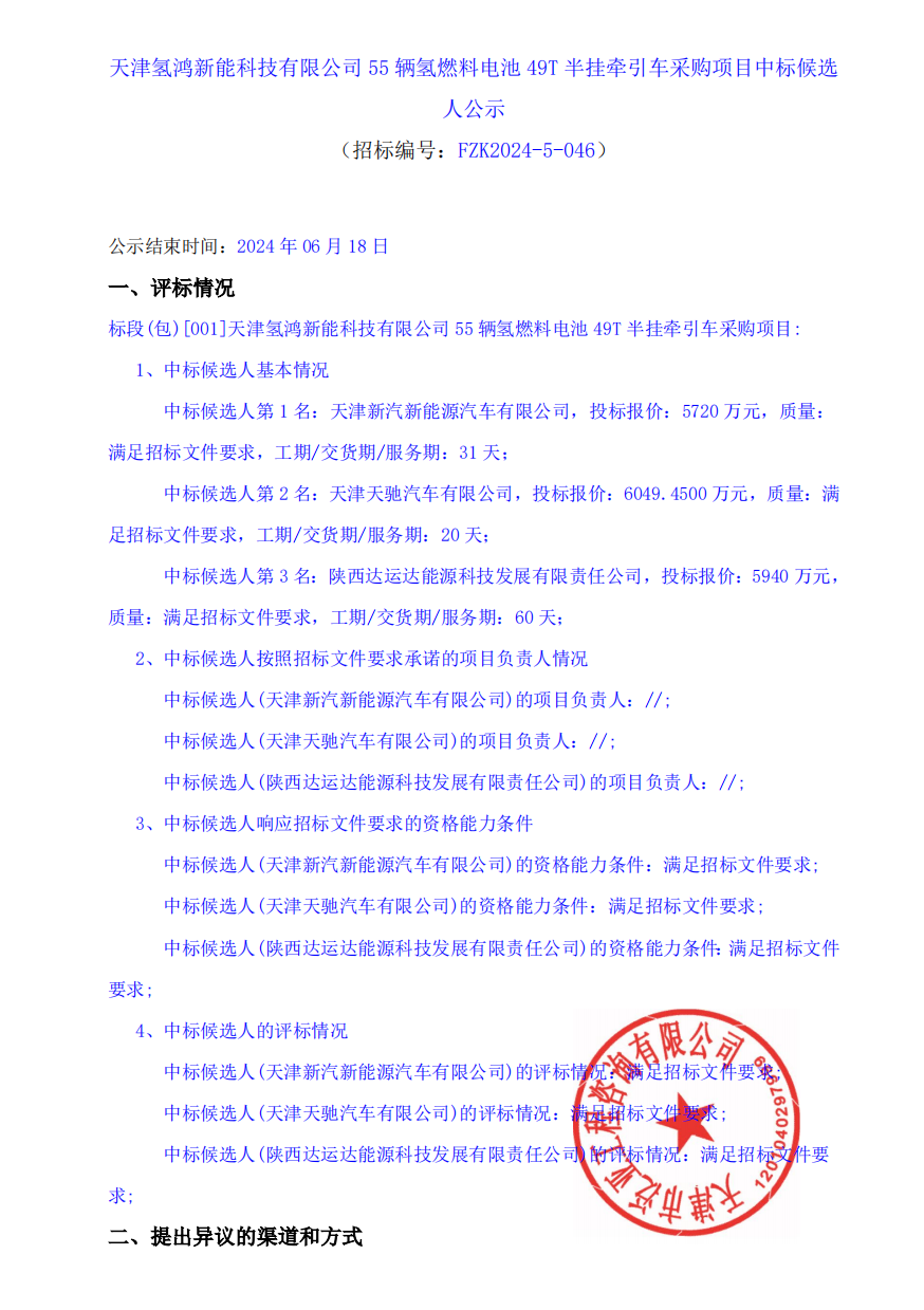 中標(biāo) | 天津氫鴻新能科技有限公司55輛氫燃料電池49T半掛牽引車采購項(xiàng)目中標(biāo)候選人公示(圖1) 中標(biāo) | 天津氫鴻新能科技有限公司55輛氫燃料電池49T半掛牽引車采購項(xiàng)目中標(biāo)候選人公示(圖1)